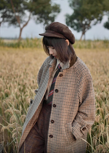 long balmaccan coat made with 100% wool with brown houndstooth or checkered pattern for women