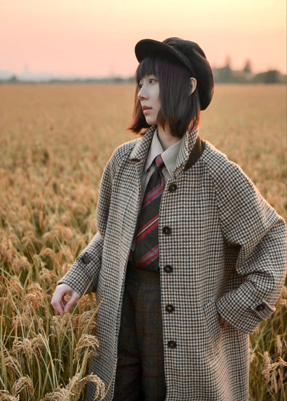 long balmaccan coat made with 100% wool with brown houndstooth pattern for women