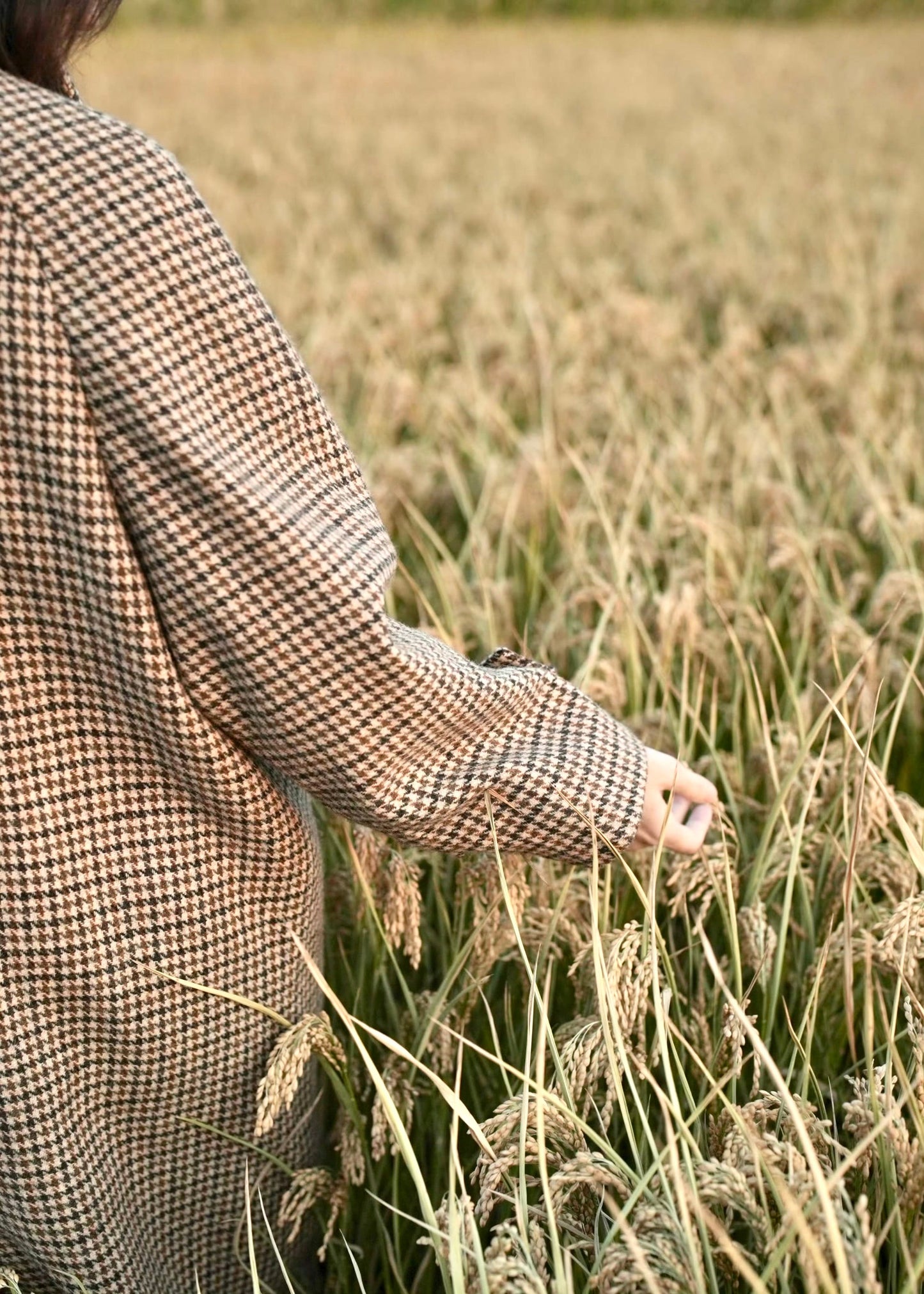 long balmaccan coat made with 100% wool with brown houndstooth or checkered pattern for women standing in front of a field at sunset
