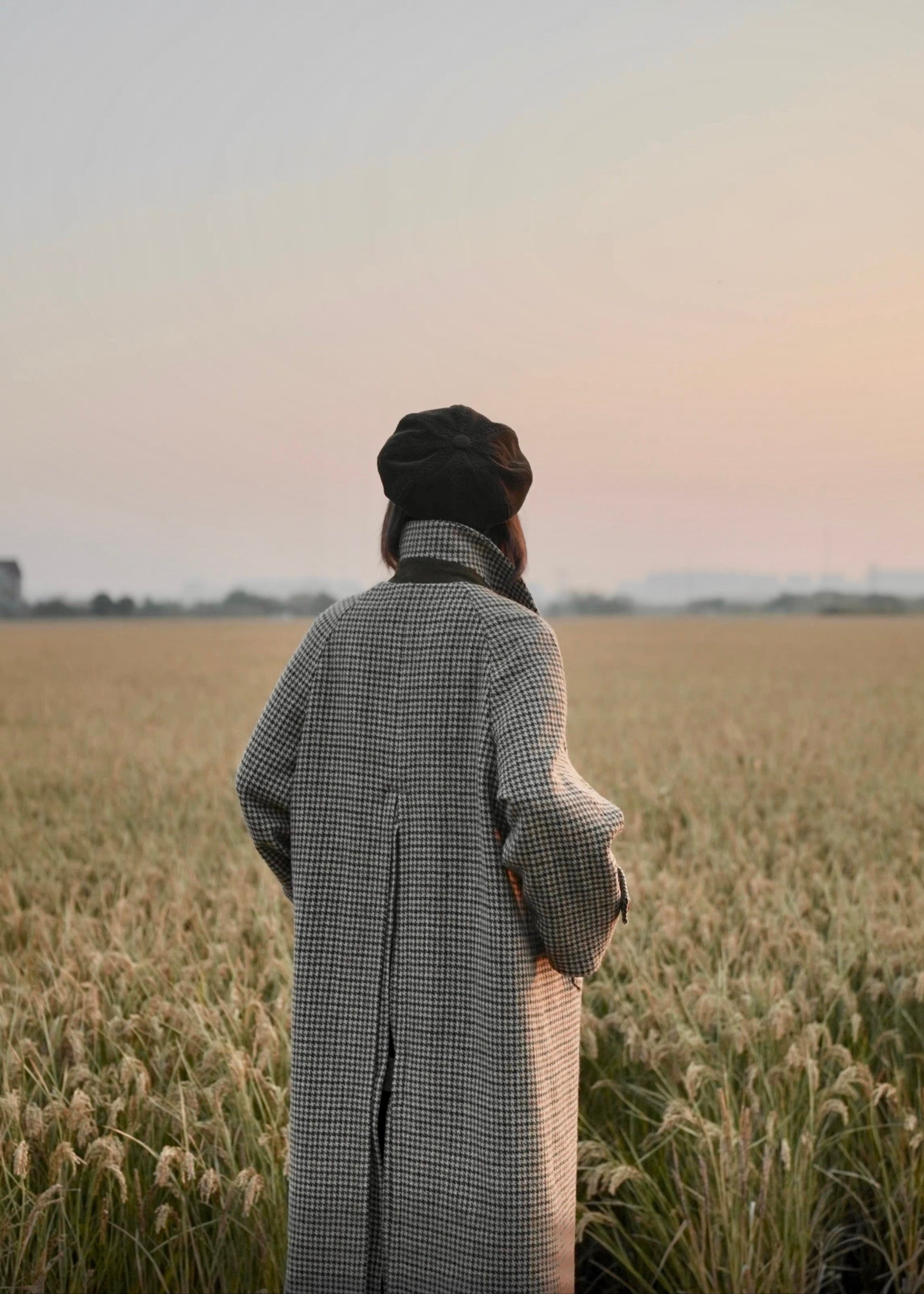 long balmaccan coat made with 100% wool with brown houndstooth pattern for women