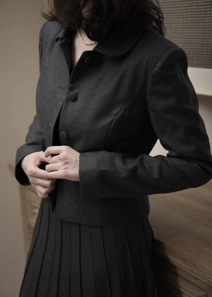 Moonland Eton Flannel Short Jacket in dark grey wool, eton collar, covered buttons, princess seams, and patch pockets, soft brushed finish