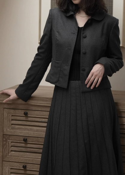 Moonland Eton Flannel Short Jacket and pleated Skirt  in dark grey wool, eton collar, covered buttons, and patch pockets, soft brushed finish