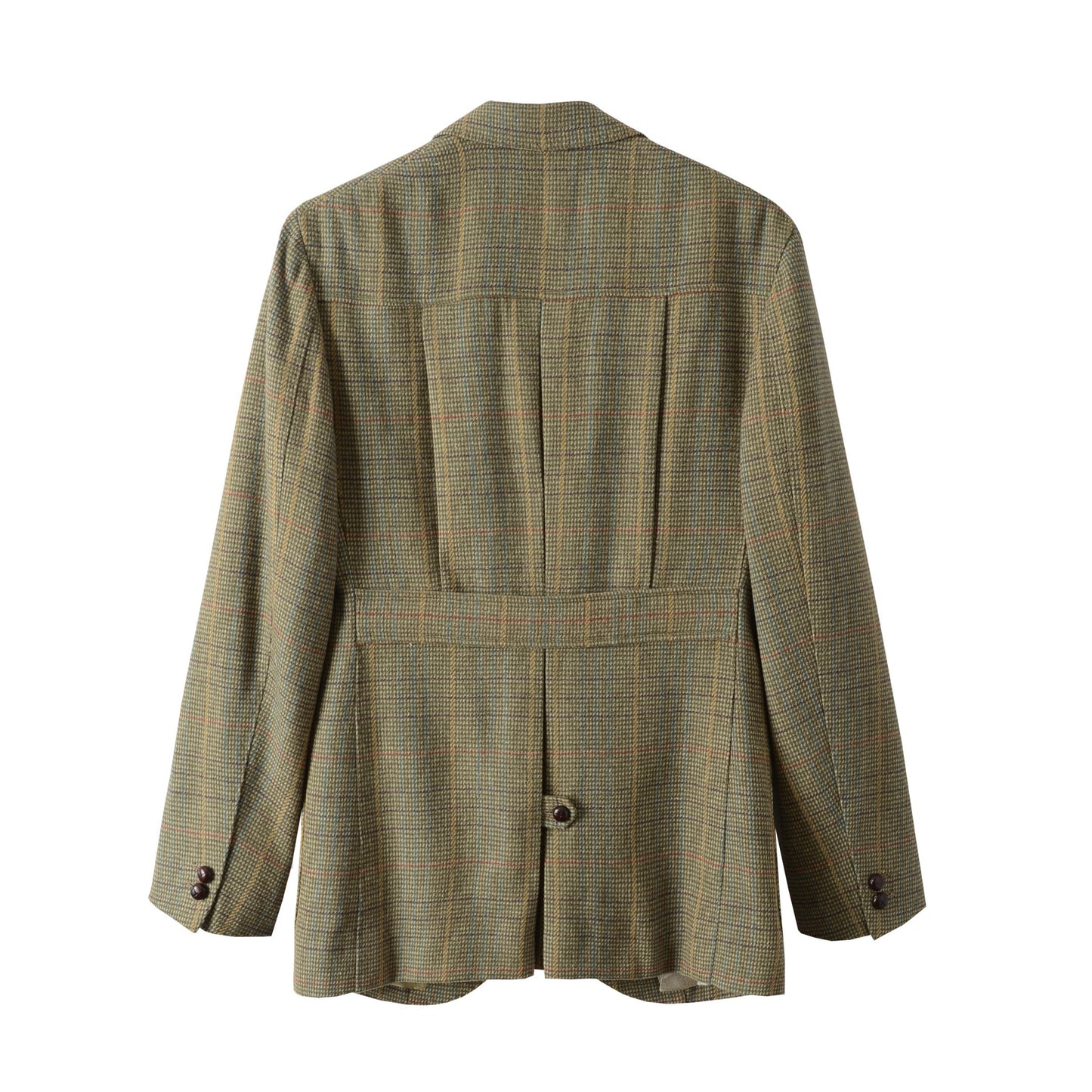 Back view of Moonland Tweed Hunting Jacket in vintage Scottish tweed with dark olive overcheck, showing action back with inverted pleats, half belt, buttoned center vent and buttoned cuff.