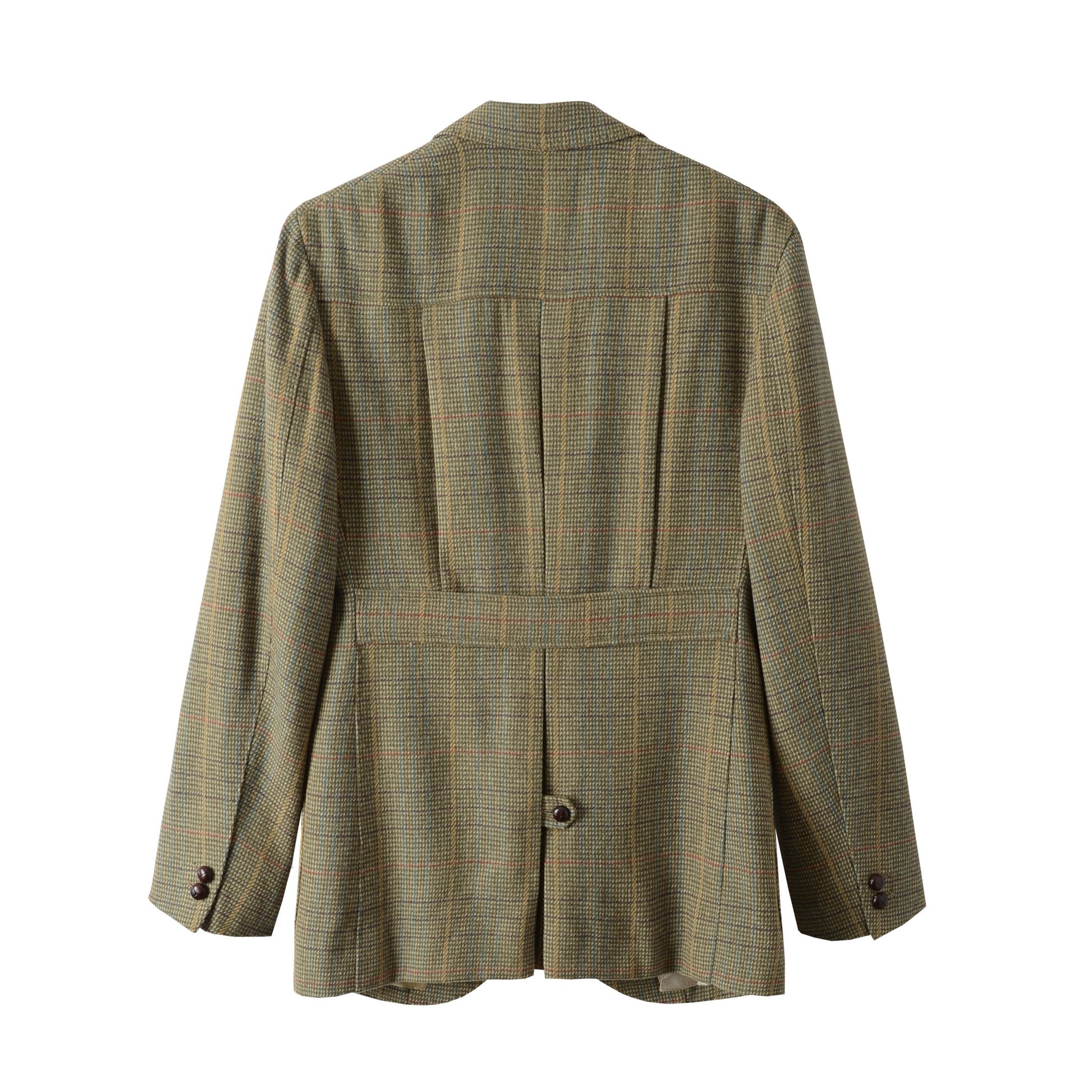 Back view of Moonland Tweed Hunting Jacket in vintage Scottish tweed with dark olive overcheck, showing action back with inverted pleats, half belt, buttoned center vent and buttoned cuff.