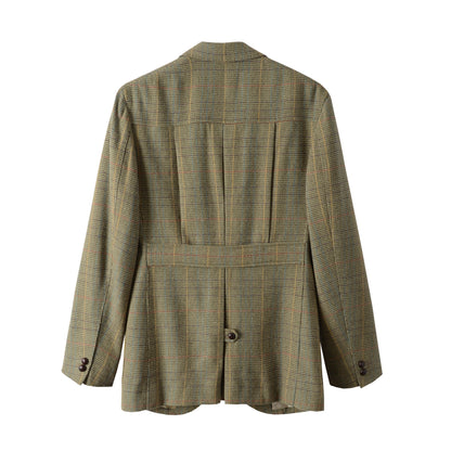 Back view of Moonland Tweed Hunting Jacket in vintage Scottish tweed with dark olive overcheck, showing action back with inverted pleats, half belt, buttoned center vent and buttoned cuff.