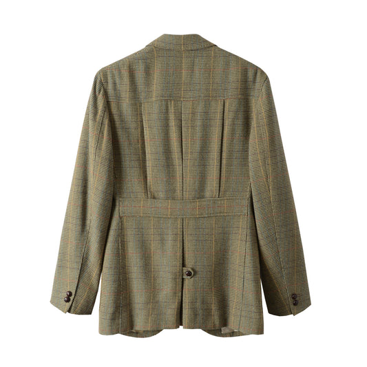 Back view of Moonland Tweed Hunting Jacket in vintage Scottish tweed with dark olive overcheck, showing action back with inverted pleats, half belt, buttoned center vent and buttoned cuff.