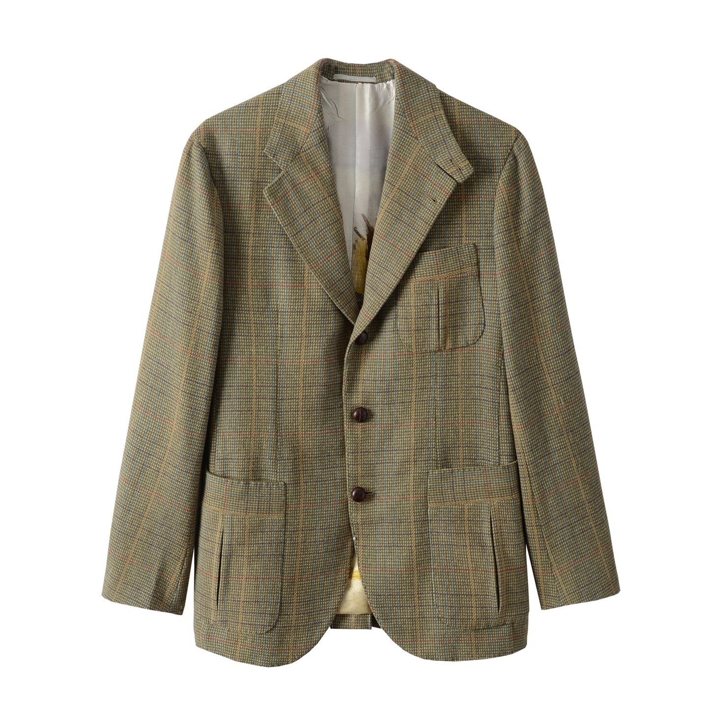 Front plain view of Moonland Tweed Hunting Jacket in vintage Scottish tweed with dark olive overcheck, showing patch pockets with inverted please, elegant lapel and silk lining