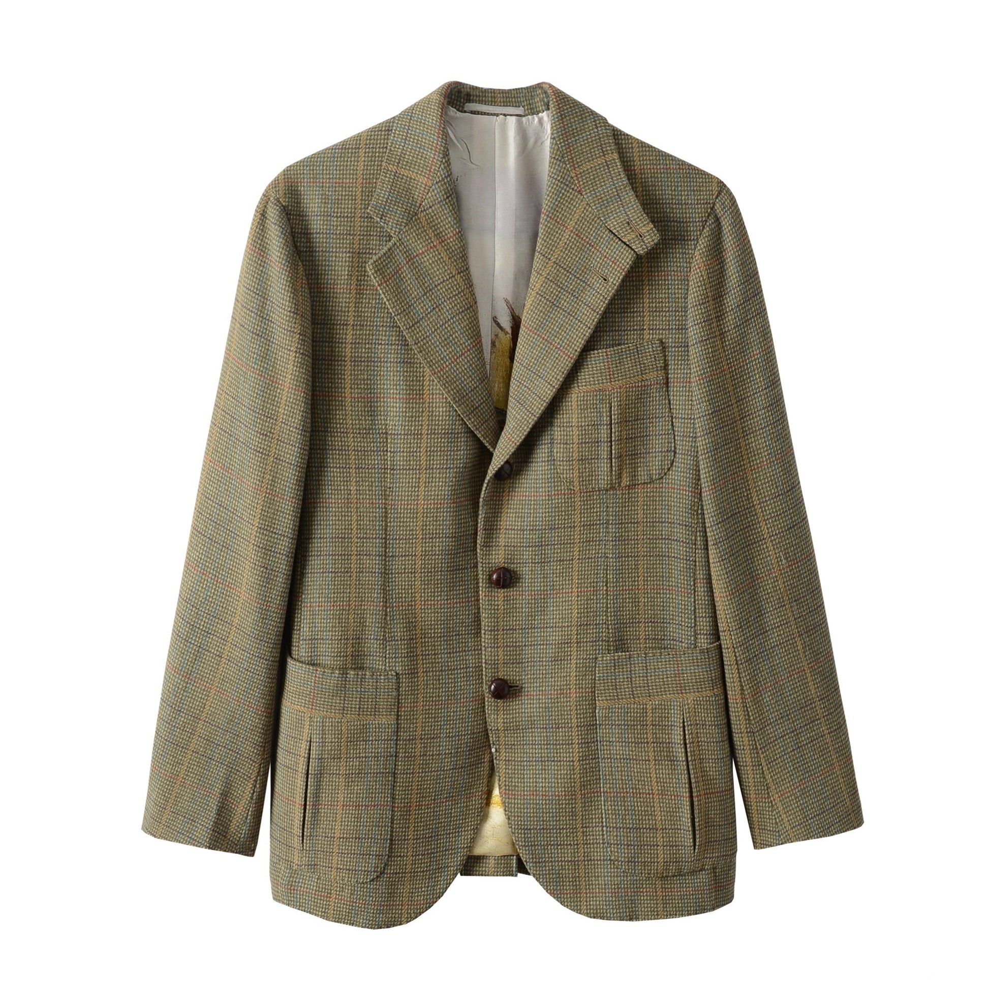 Front plain view of Moonland Tweed Hunting Jacket in vintage Scottish tweed with dark olive overcheck, showing patch pockets with inverted please, elegant lapel and silk lining
