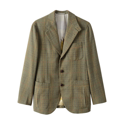 Front plain view of Moonland Tweed Hunting Jacket in vintage Scottish tweed with dark olive overcheck, showing patch pockets with inverted please, elegant lapel and silk lining
