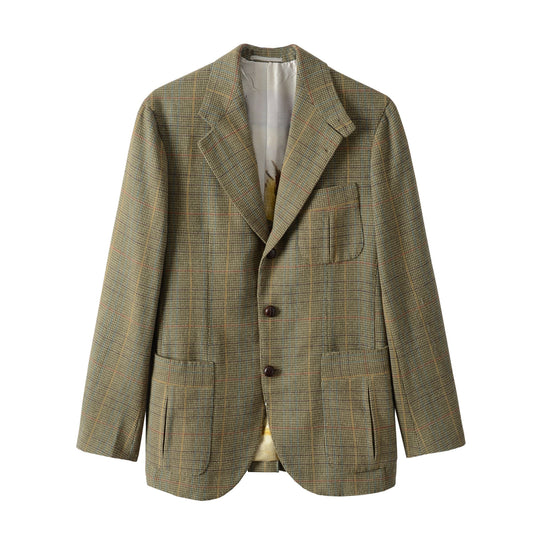 Front plain view of Moonland Tweed Hunting Jacket in vintage Scottish tweed with dark olive overcheck, showing patch pockets with inverted please, elegant lapel and silk lining