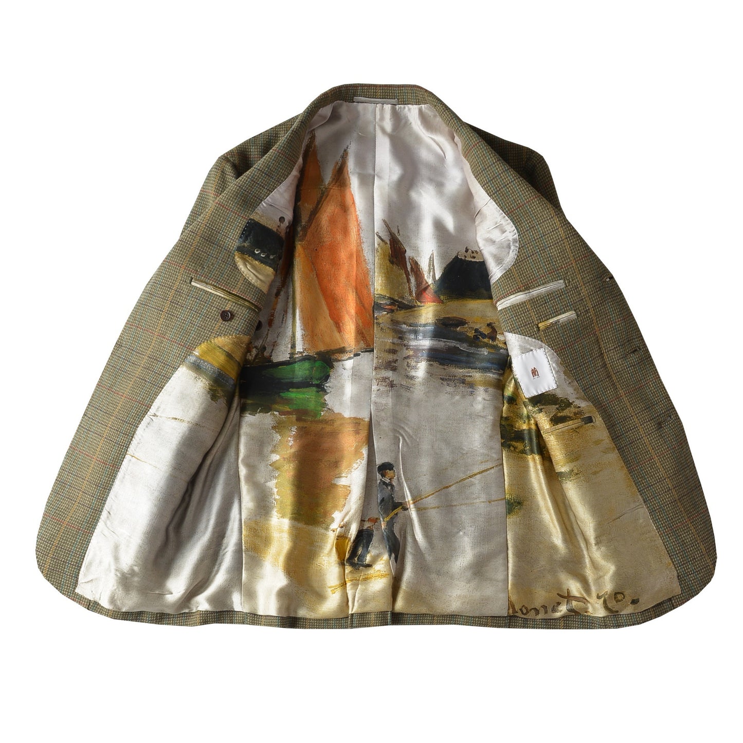 Interior plain view of Moonland Tweed Hunting Jacket, full silk lining with impressionist Monet artwork.