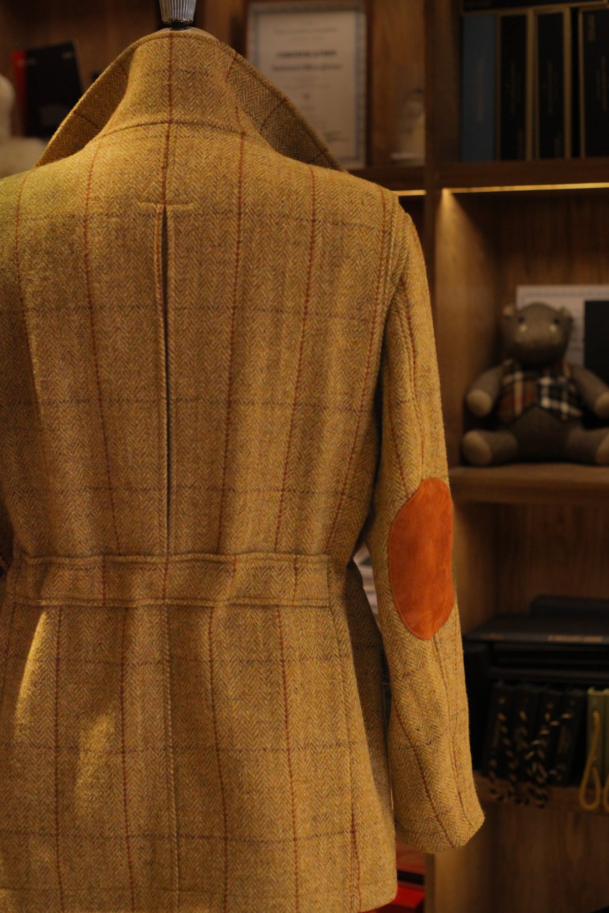 Urban Alpine Jacket in ochre Harris Tweed, full back view