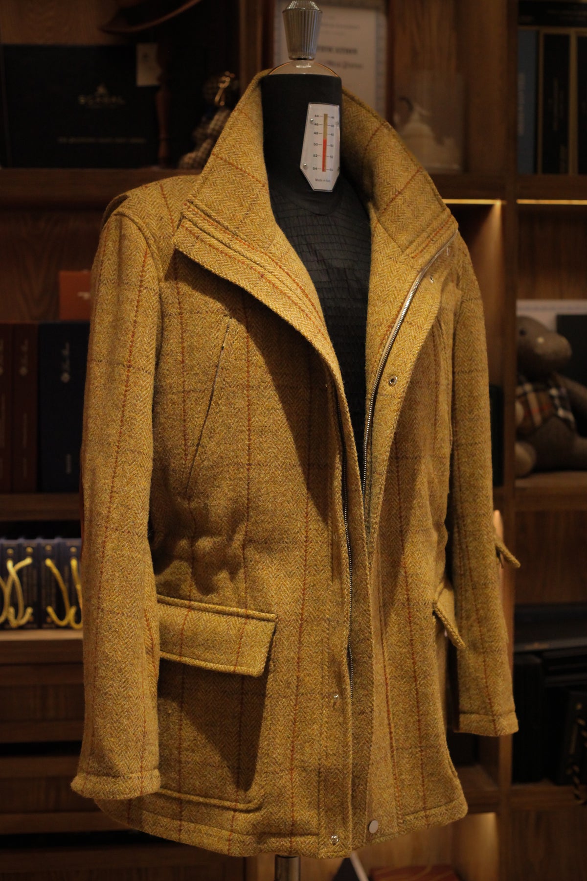 Urban Alpine Jacket in ochre Harris Tweed with the collar open