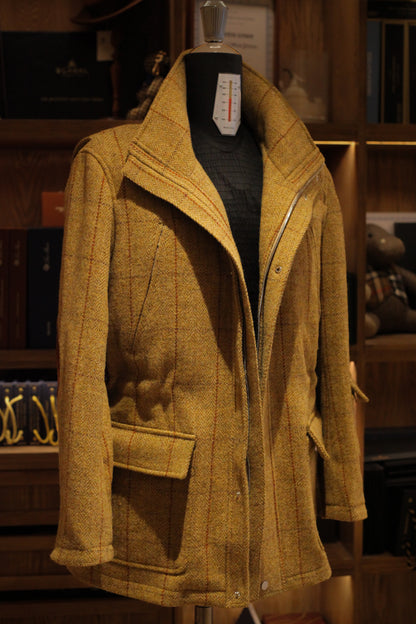 Urban Alpine Jacket in ochre Harris Tweed with the collar open