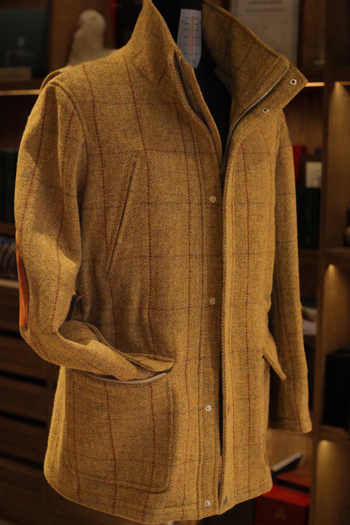 Urban Alpine Jacket in ochre Harris Tweed with the stand collar raised