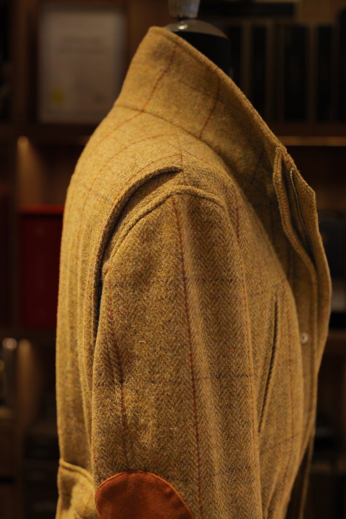 Urban Alpine Jacket shoulder and sleeve head in ochre Harris Tweed
