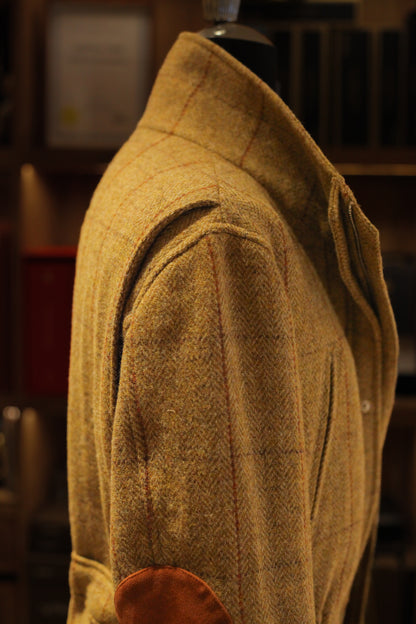 Urban Alpine Jacket shoulder and sleeve head in ochre Harris Tweed