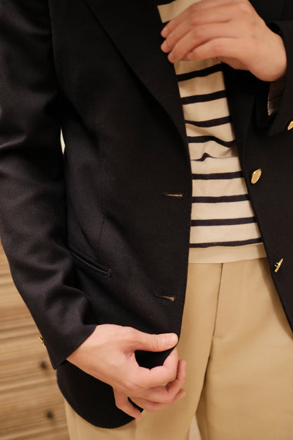 Ivy Jacket in navy wool and mohair, front pocket detail