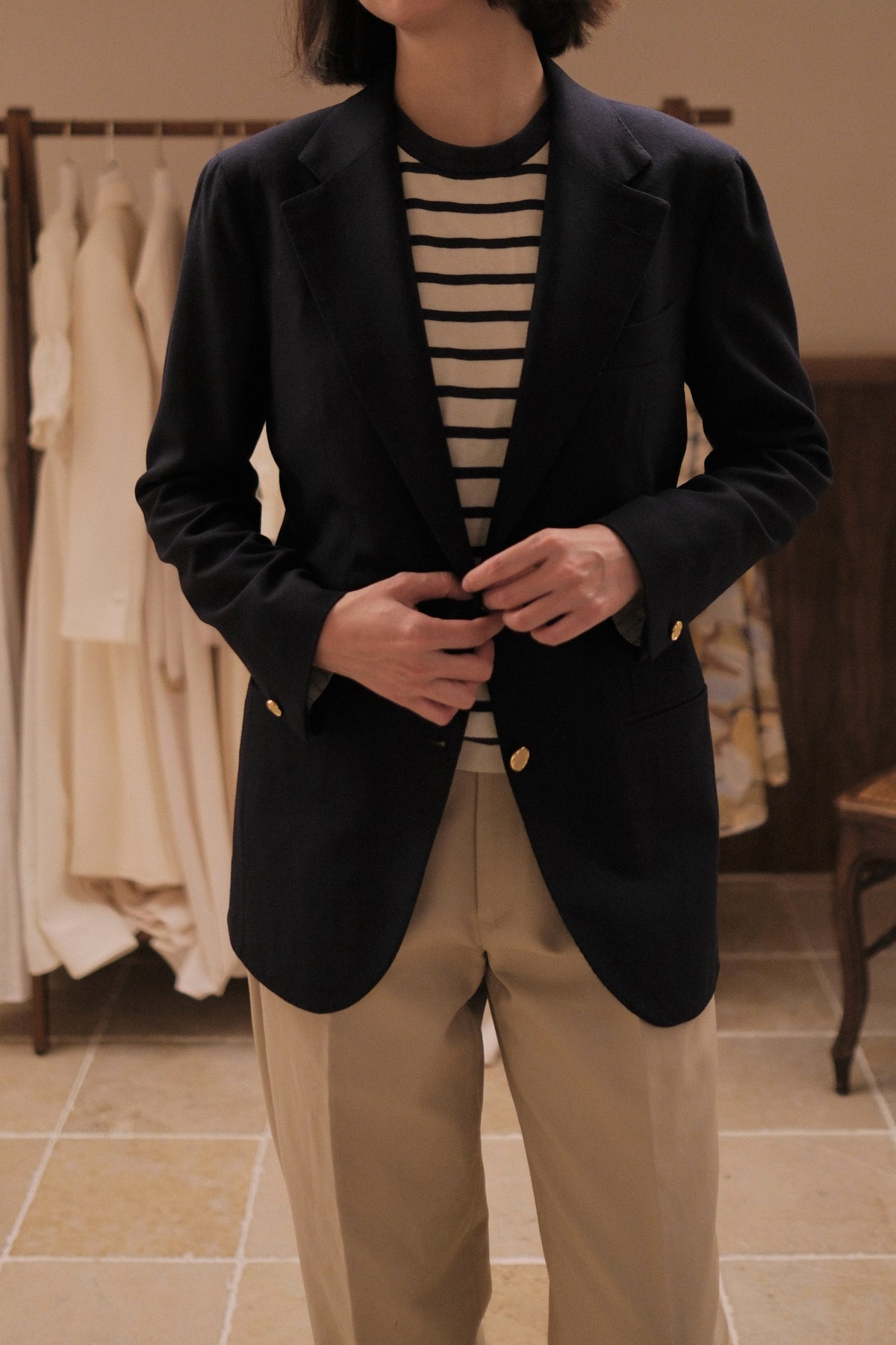 Ivy Jacket in navy wool and mohair, front view