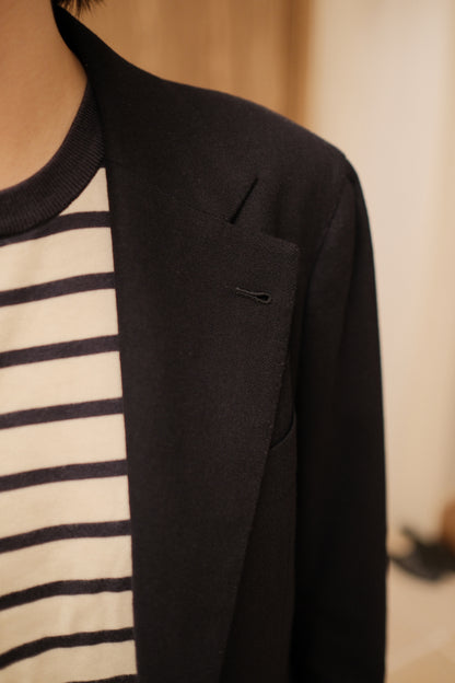 Ivy Jacket in navy wool and mohair, lapel and buttonhole detail