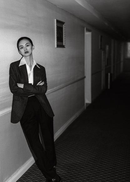 Moonland White cotton Moonlight Shirt, graphic black and white hallway scene, open collar and relaxed stance.