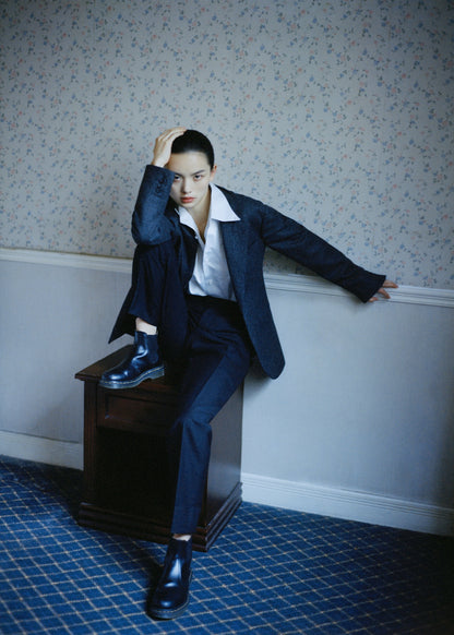 Moonland Moonlight white Shirt styled with dark lady suit, sharp collar and smooth cotton finish, collar opened, styled with dark trousers