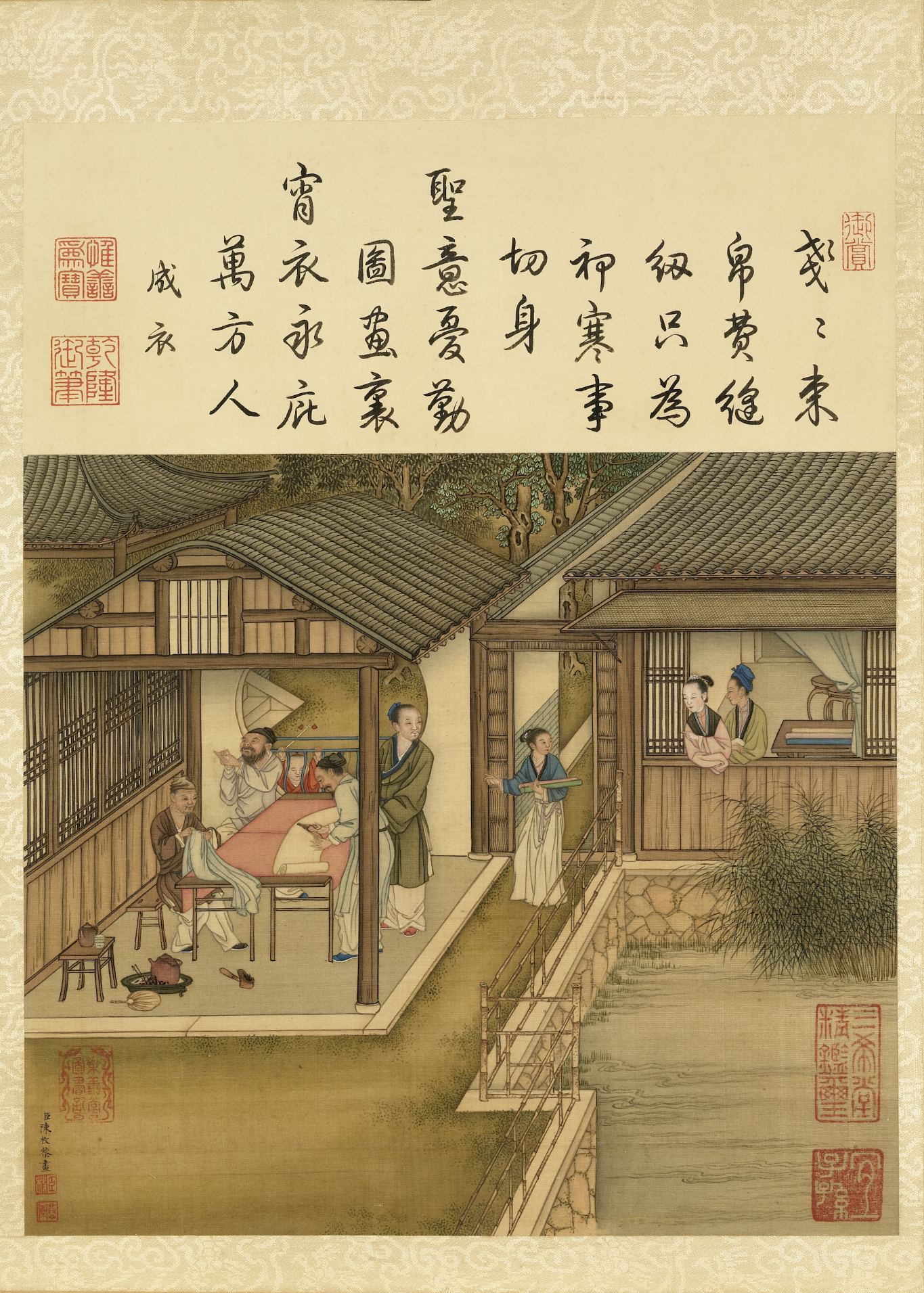 Traditional Chinese painting of a family scene with architectural elements